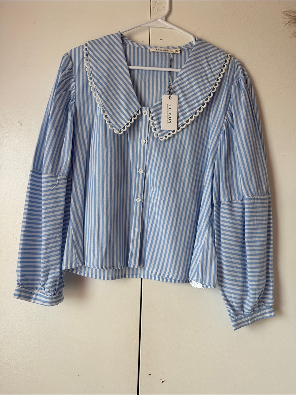 Ellison Light Blue & White Striped Scalloped Collar Blouse